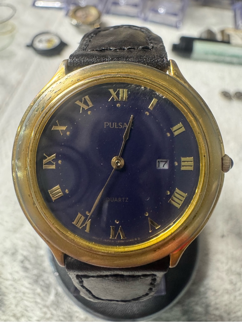 Pulsar Gold-Tone Case Navy Dial Black Leather Strap Watch